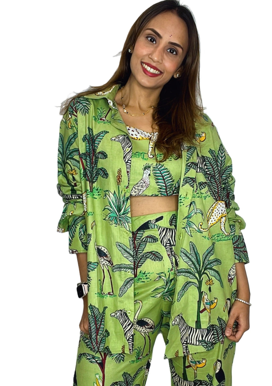 Green Safari Co-ord Set- 3 Piece Co-ord Set in Pure Cotton