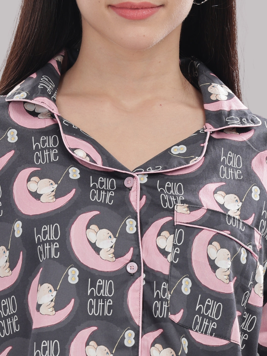 Hello Cutie Button Down Pj Set - Pure Cotton Pj Set with Notched Collar