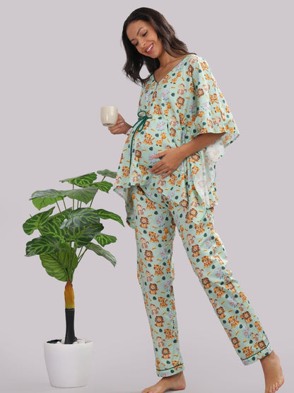 Into The Jungle Maternity Kaftan Pj Set - Pure Cotton Pj Set in Kaftan Style with Single Invisible Zip for Feeding
