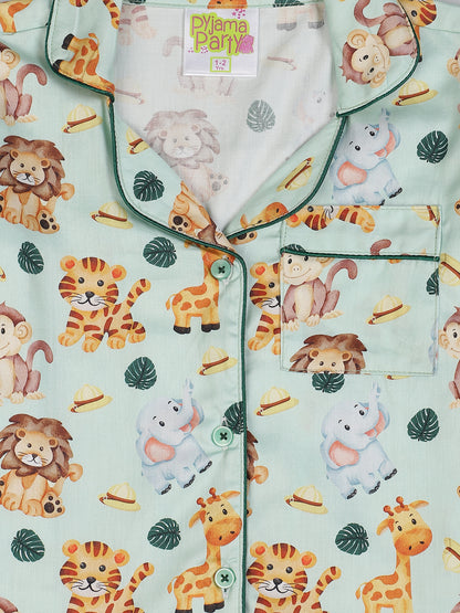 Into the Jungle Kids Button Down Pj Set - Pure Cotton Pj Set with Notched Collar
