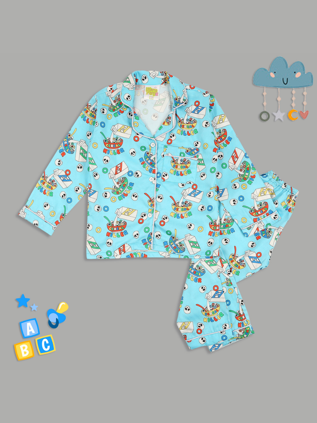 Cereal Killer Kids Button Down Pj Set - Pure Cotton Pj Set with Notched Collar