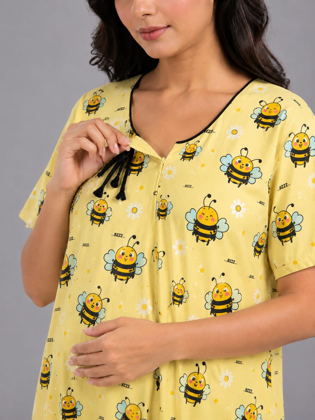Bumblebee Maternity Gown - Pure Cotton Round Neck Gown with 2 Invisible Zips for Feeding
