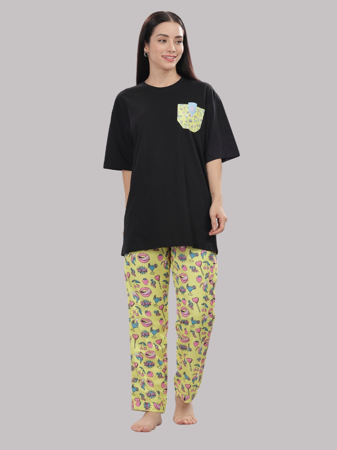 Yellow Pop T-shirt Pj Set - Oversized Tshirt with Pj Combo