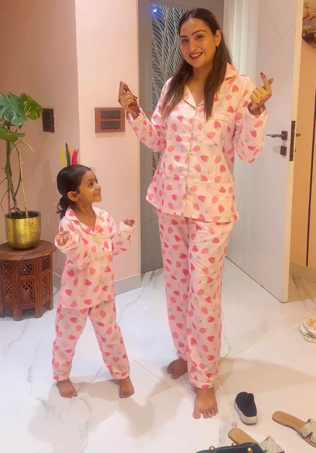 Strawberry Sweetheart Cotton Rayon Mom &amp; Kids Twinning Pj Set