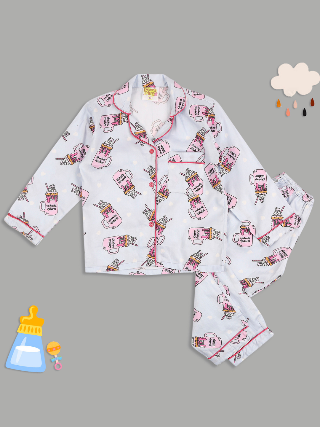 Shakey Wakey Kids Button Down Pj Set - Pure Cotton Pj Set with Notched Collar
