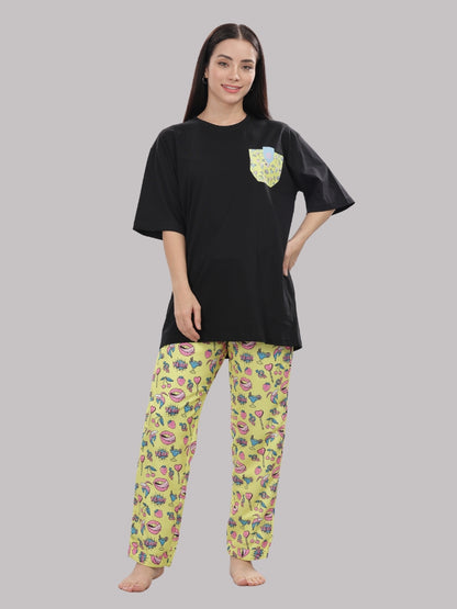 Yellow Pop T-shirt Pj Set - Oversized Tshirt with Pj Combo