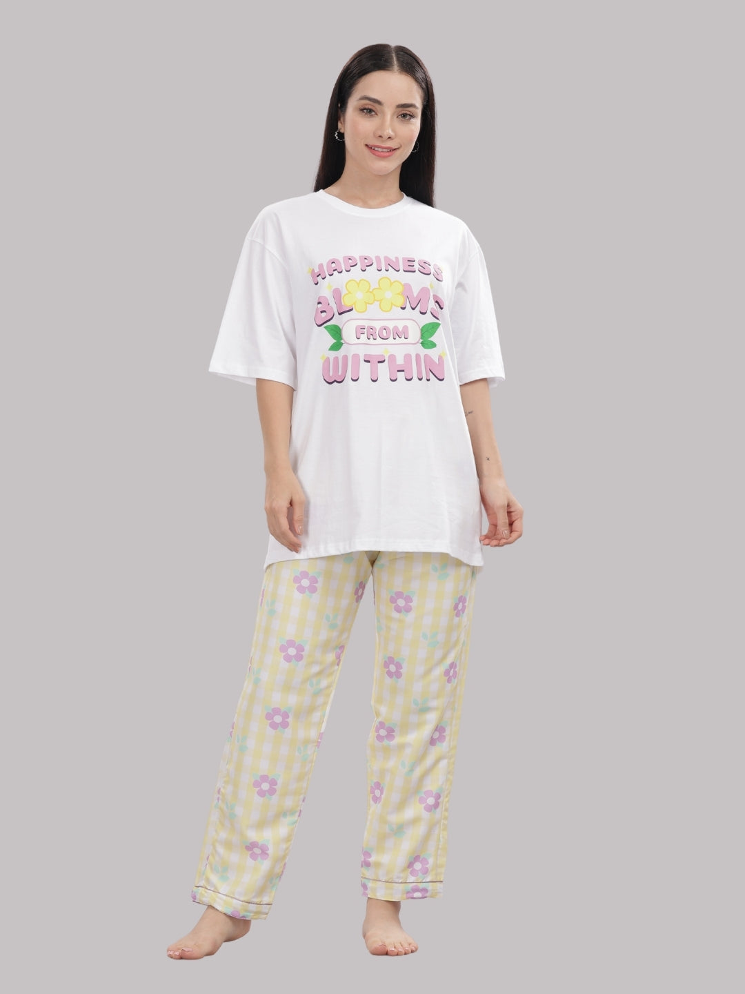 Blooming Checks T-shirt Pj Set - Oversized Tshirt with Pj Combo