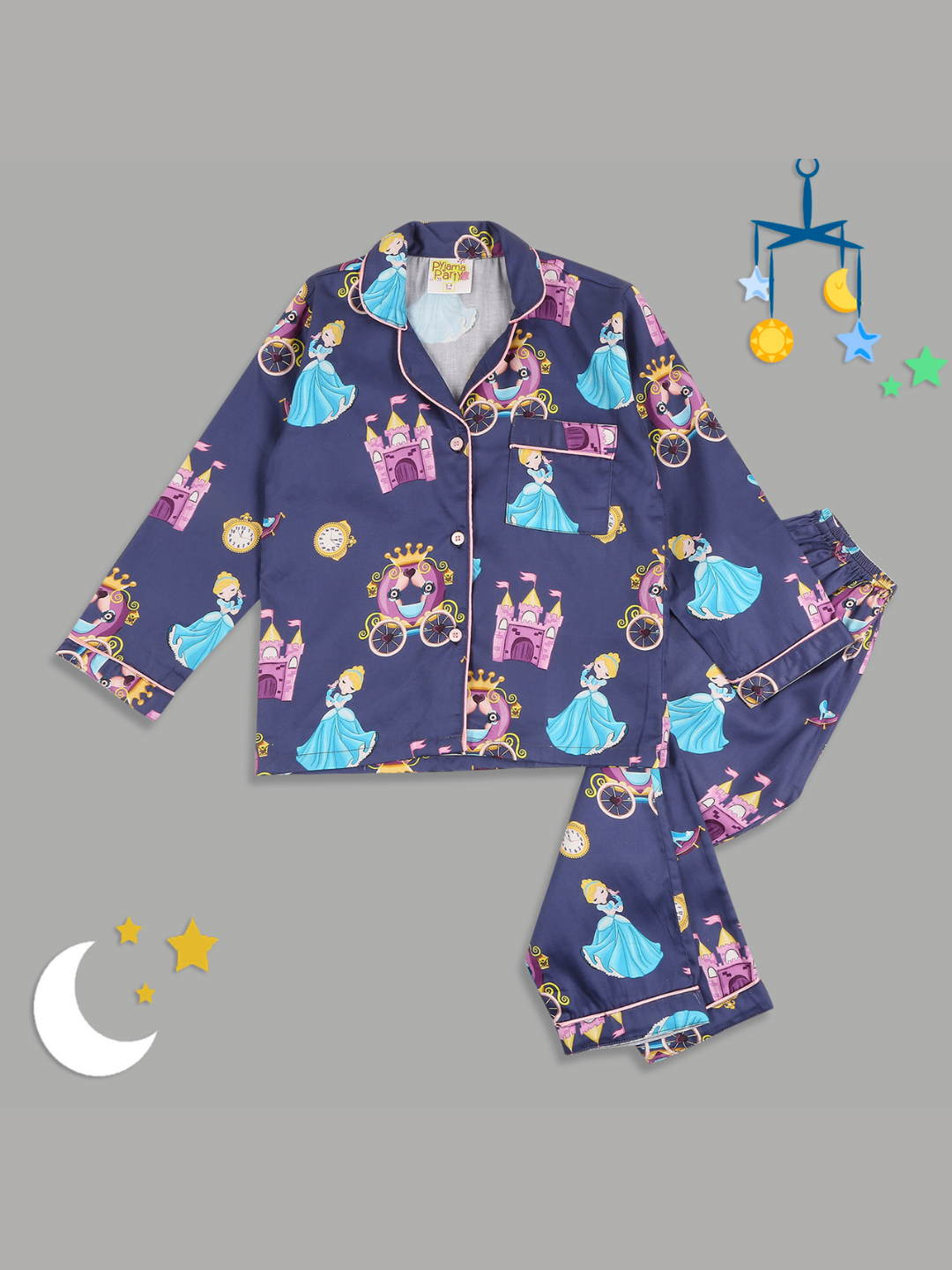 Cinderella Kids Button Down Pj Set - Pure Cotton Pj Set with Notched Collar