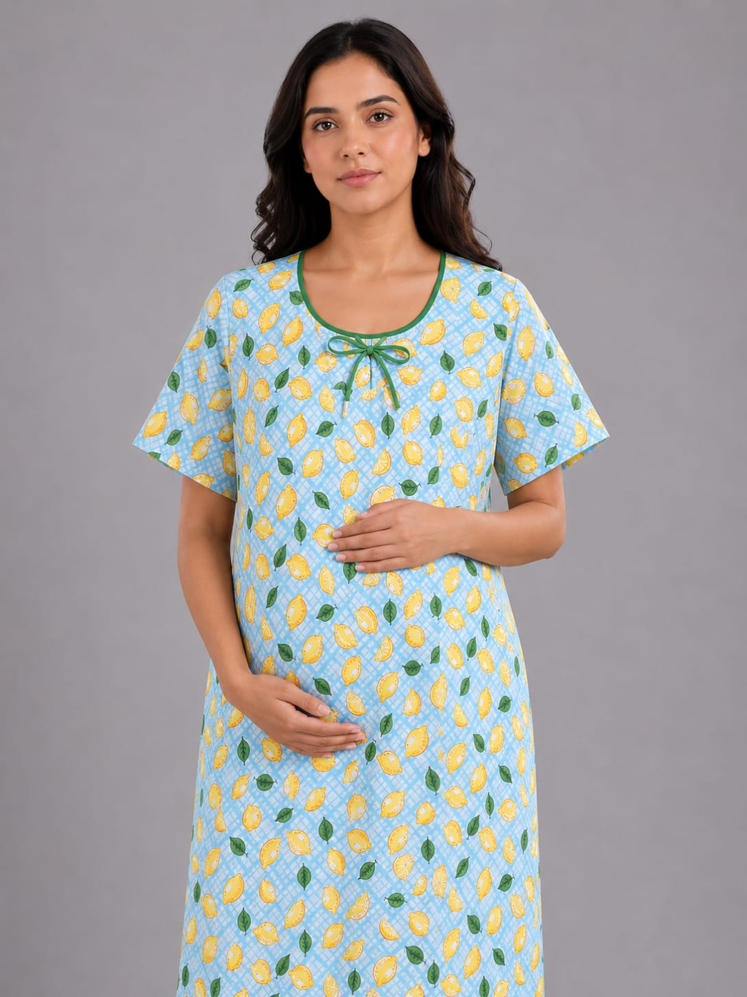 Limoncello Maternity Gown - Pure Cotton Round Neck Gown with 2 Invisible Zips for Feeding