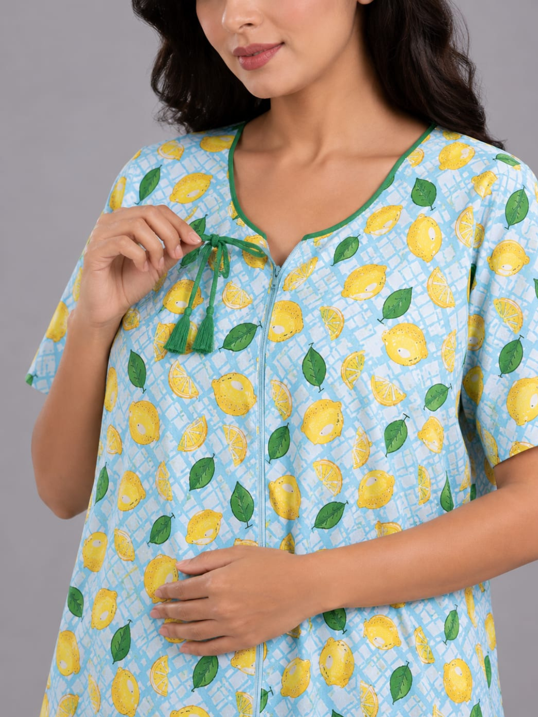 Limoncello Maternity Gown - Pure Cotton Round Neck Gown with 2 Invisible Zips for Feeding
