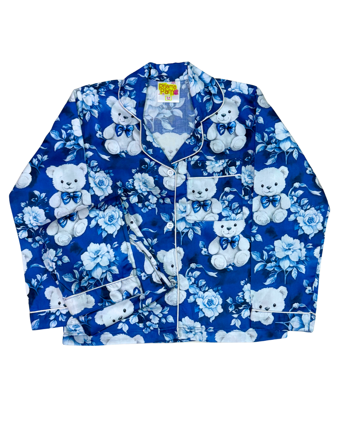 Beary Cute Kids Button Down Pj Set - Pure Cotton Pj Set with Notched Collar
