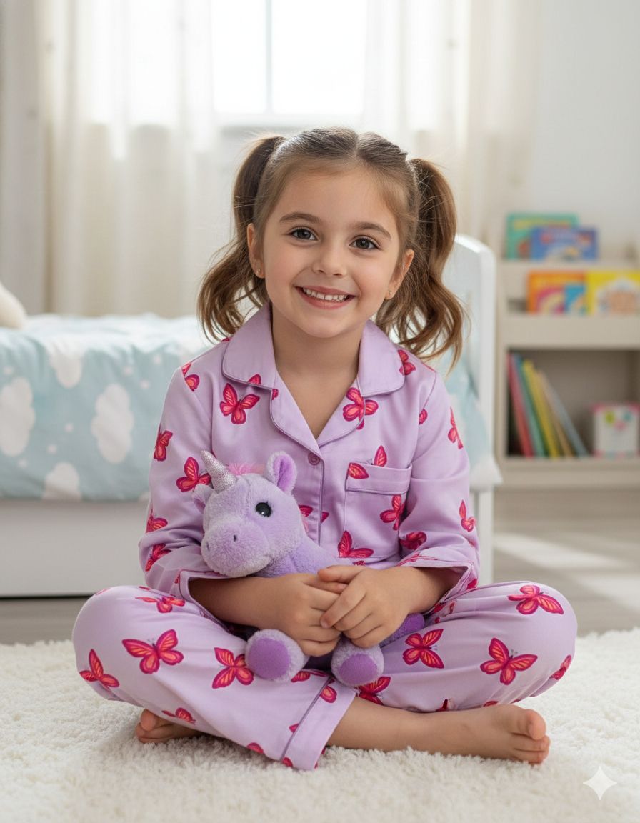 Butterfly Kids Pj Set - Cotton Rayon Pj Set with Notched Collar