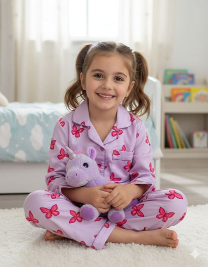 Butterfly Kids Pj Set - Cotton Rayon Pj Set with Notched Collar