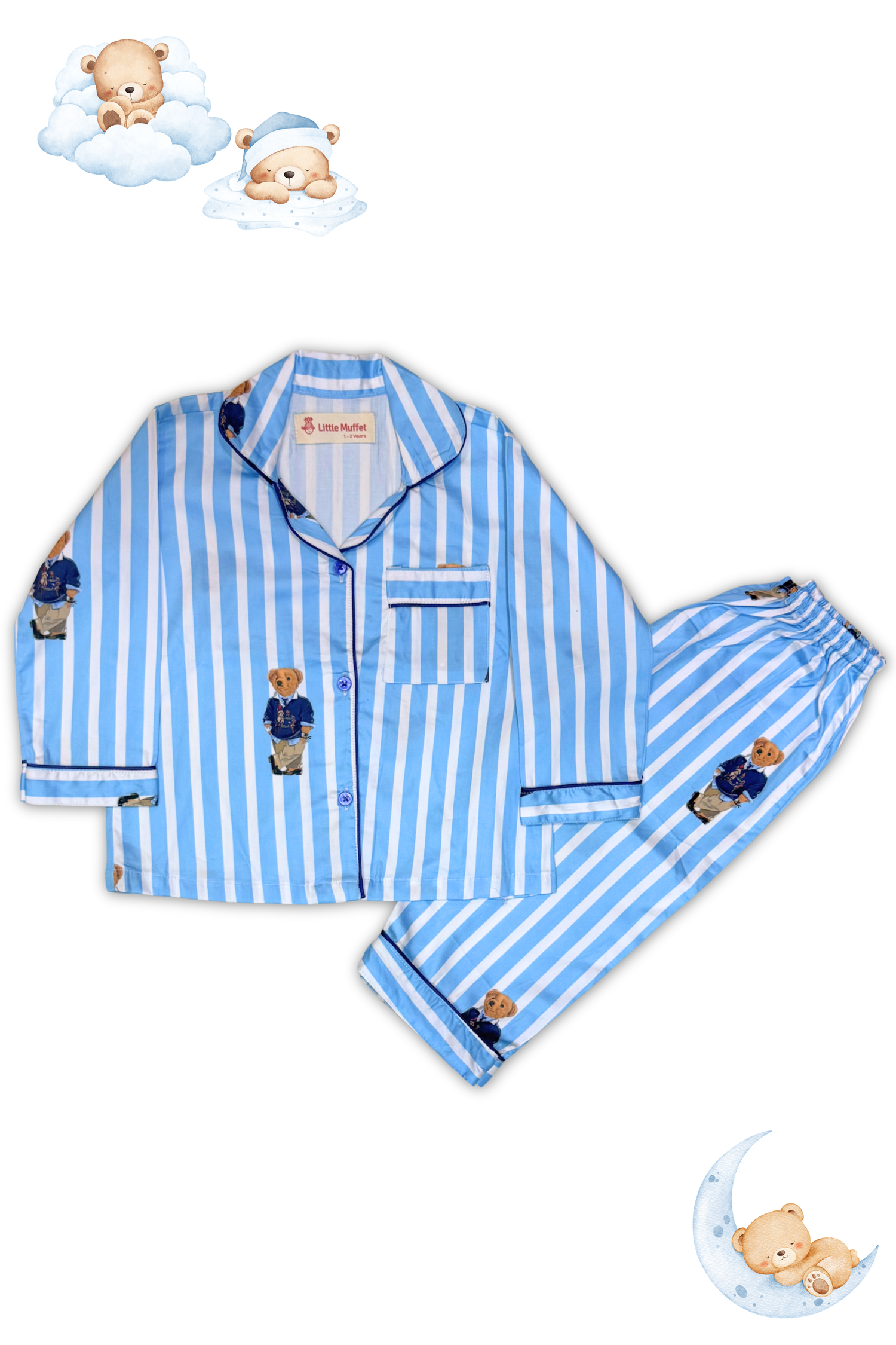 Polo Blue Kids Button Down Pj Set - Pure Cotton Pj Set with Notched Collar