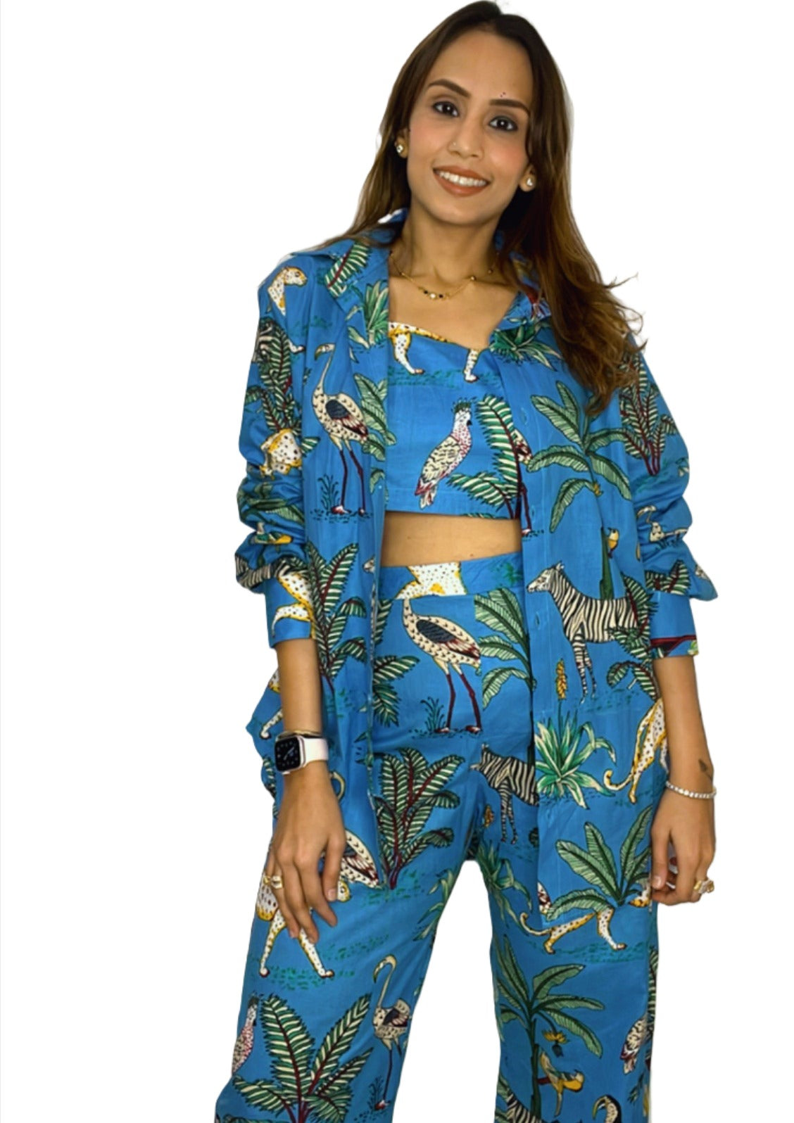 Blue Safari Co-ord Set- 3 Piece Co-ord Set in Pure Cotton