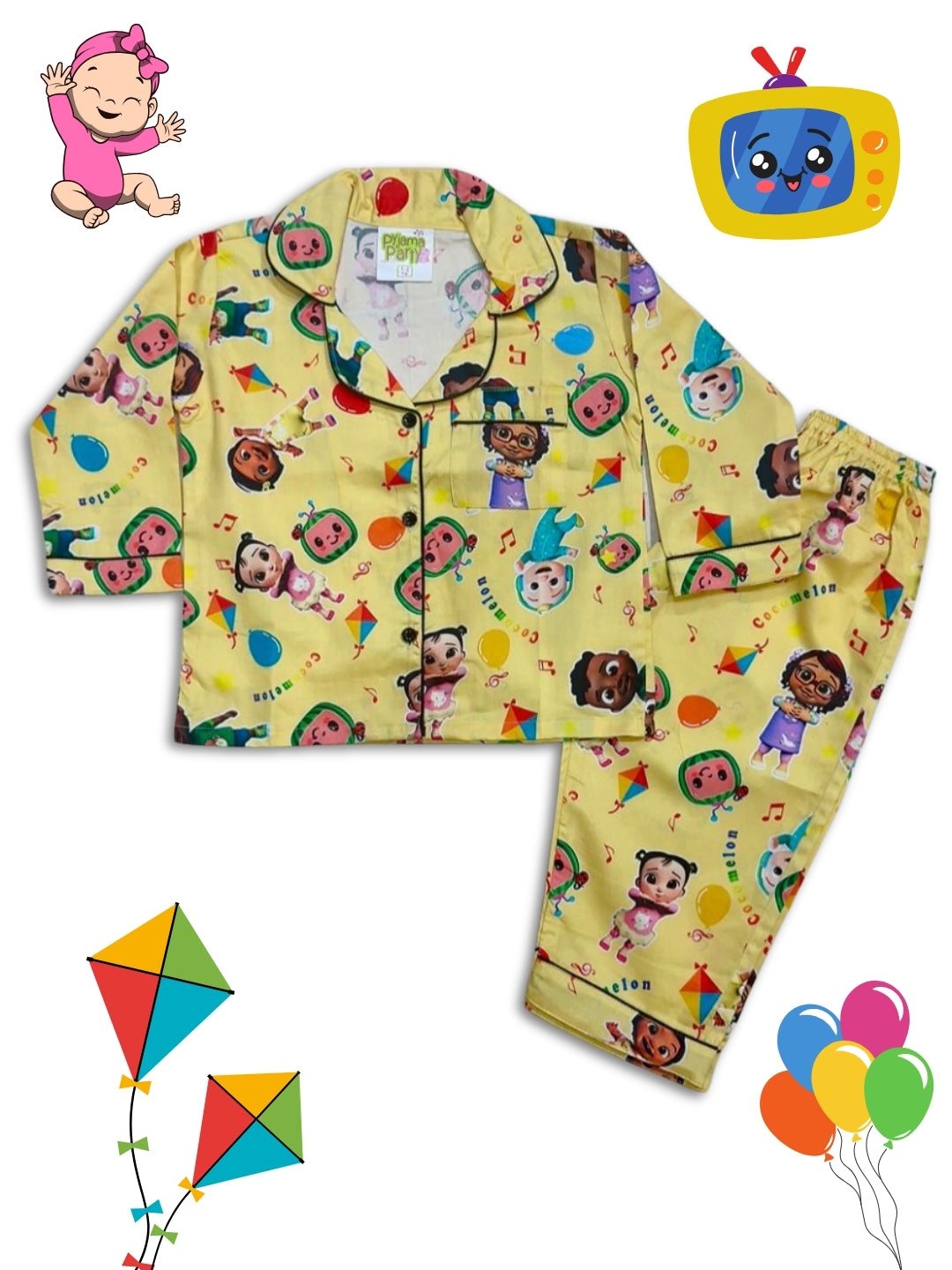 Cocomelon kids Button Down Pj Set - Pure Cotton Pj Set with Notched Collar