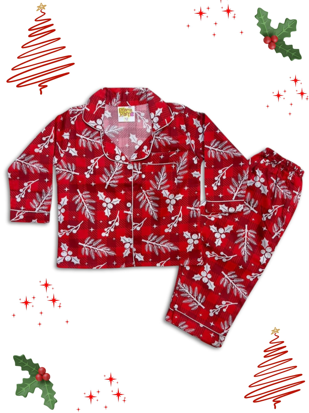 Crimson Christmas Kids Button Down Pj Set - Pure Cotton Pj Set with Notched Collar