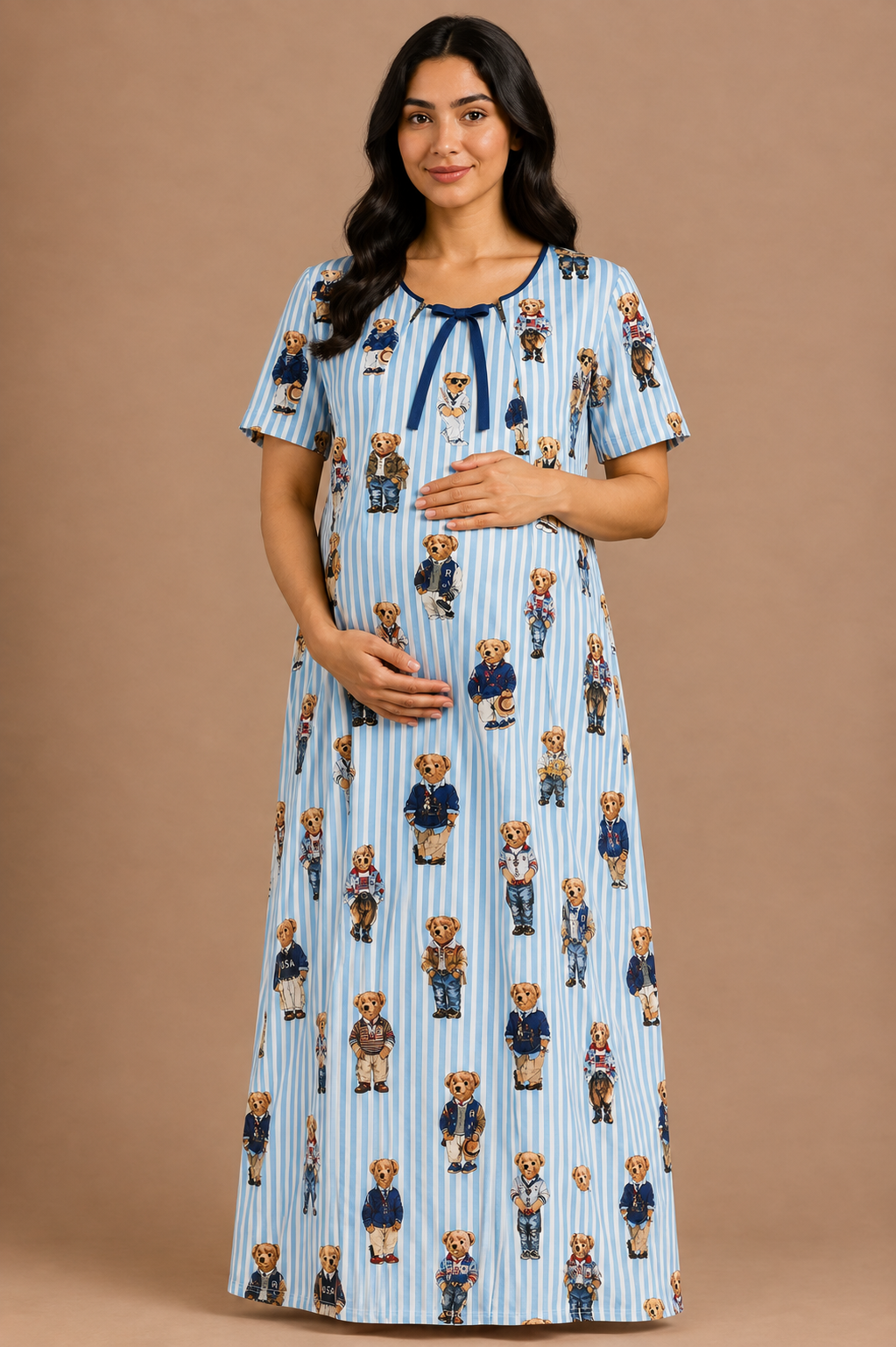 Blue Bear Club Maternity Gown - Pure Cotton Round Neck Gown with 2 Invisible Zips for Feeding (Copy)
