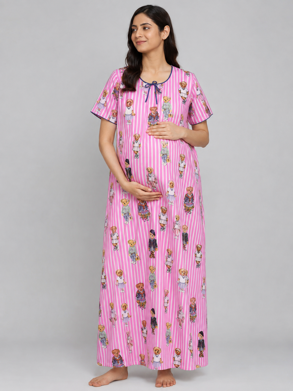 Pink Bear Club Maternity Gown - Pure Cotton Round Neck Gown with 2 Invisible Zips for Feeding