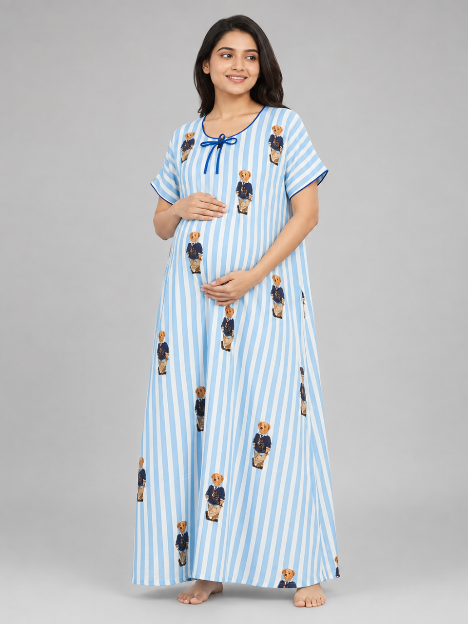 Polo Blue Maternity Gown - Pure Cotton Round Neck Gown with 2 Invisible Zips for Feeding