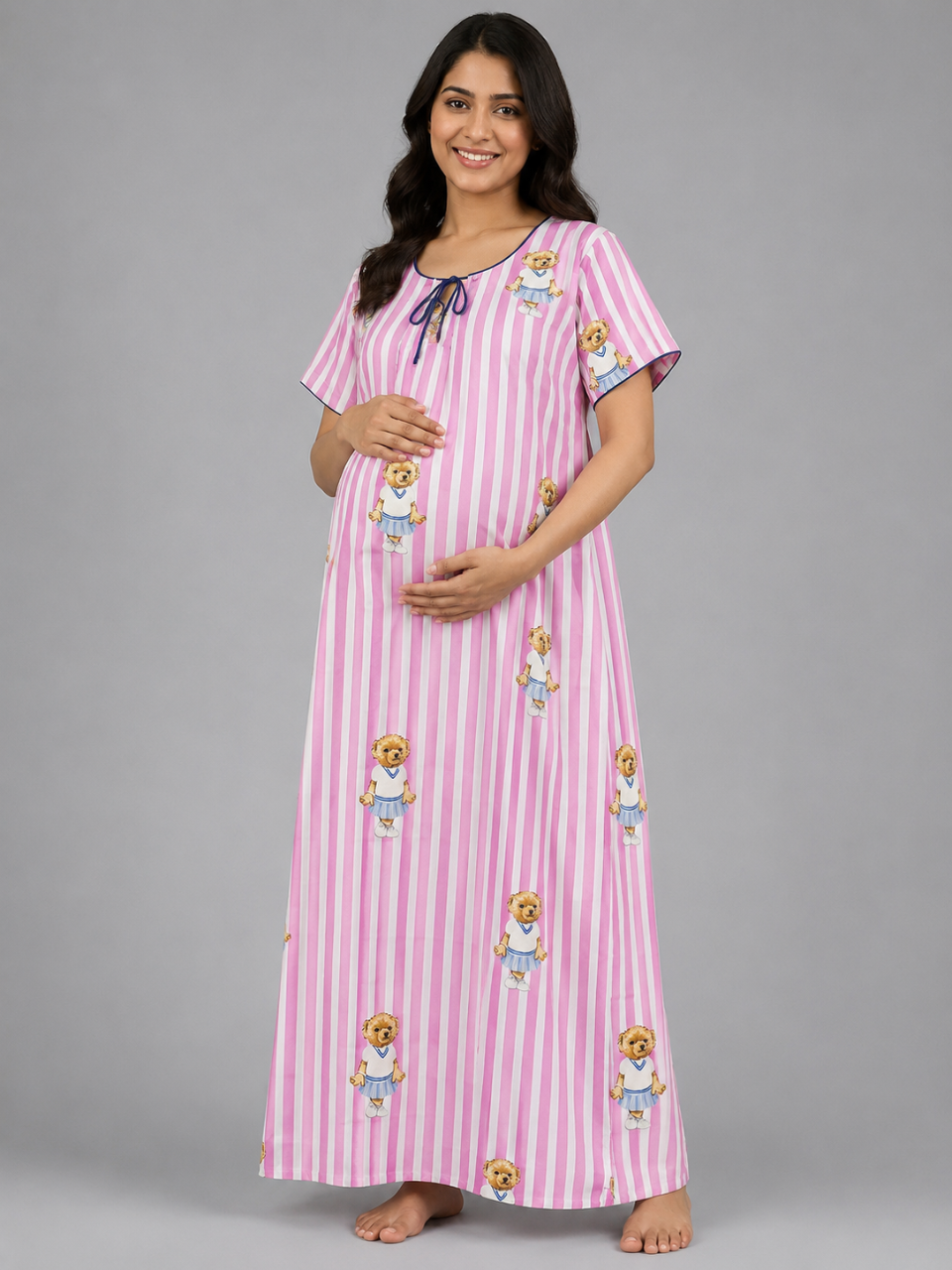 Polo Pink Maternity Gown - Pure Cotton Round Neck Gown with 2 Invisible Zips for Feeding