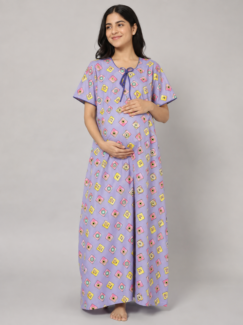 Mahjong Lilac Maternity Gown - Pure Cotton Round Neck Gown with 2 Invisible Zips for Feeding