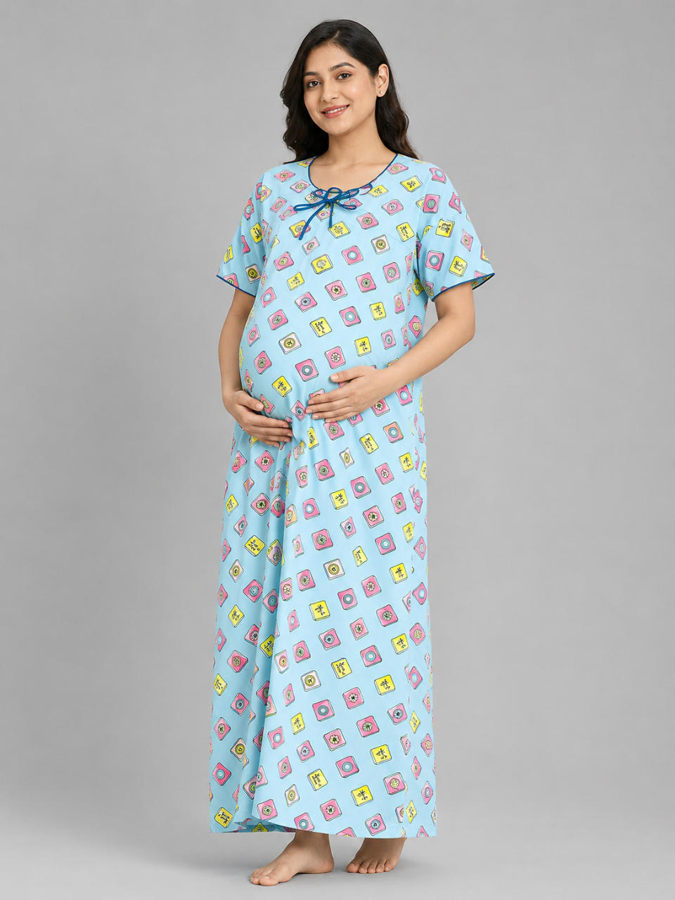 Mahjong Blue Maternity Gown - Pure Cotton Round Neck Gown with 2 Invisible Zips for Feeding