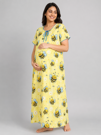 Bumblebee Maternity Gown - Pure Cotton Round Neck Gown with 2 Invisible Zips for Feeding