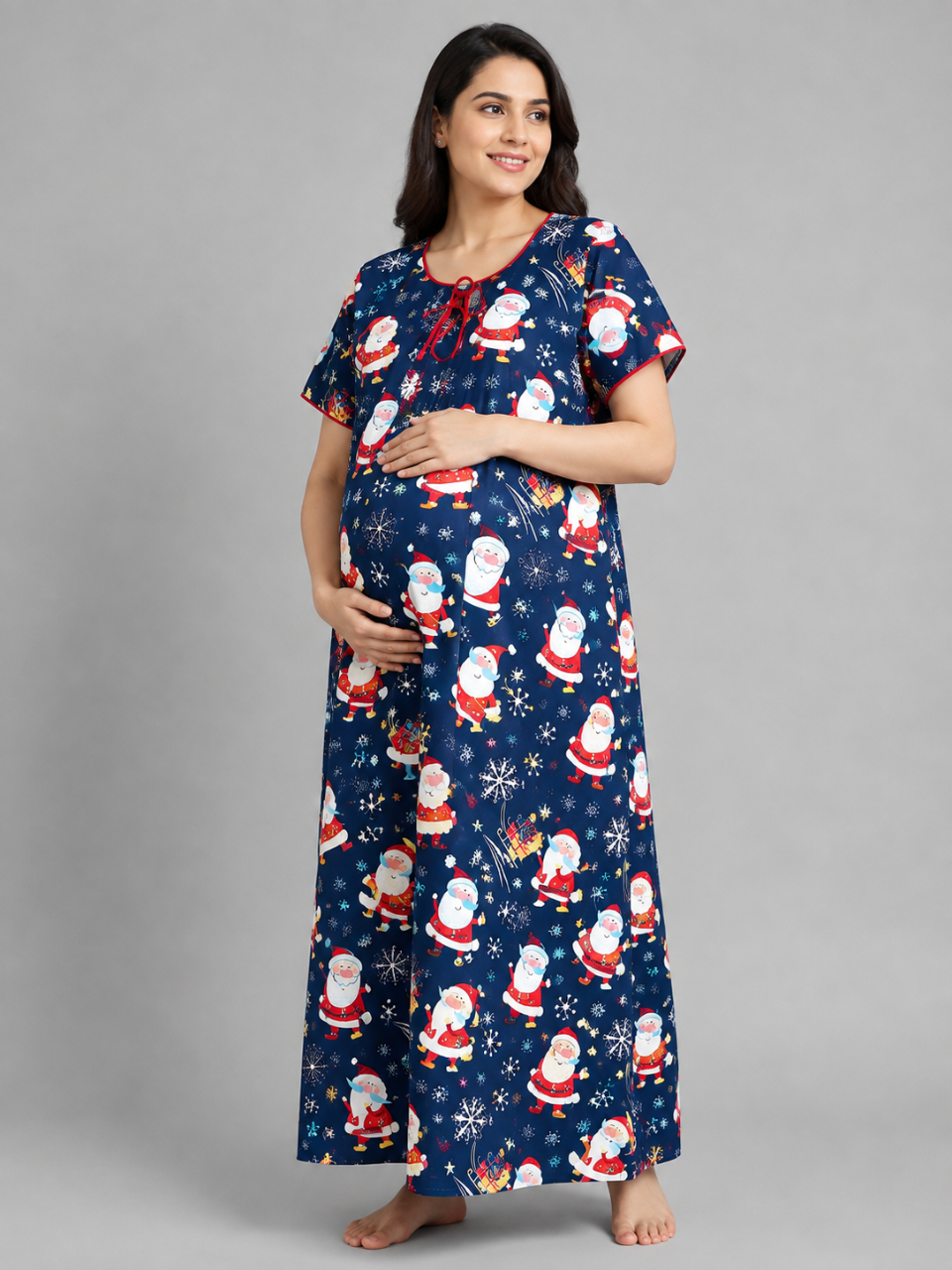 Christmas Time Maternity Gown - Pure Cotton Round Neck Gown with 2 Invisible Zips for Feeding