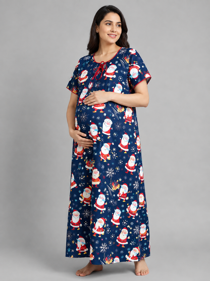 Christmas Time Maternity Gown - Pure Cotton Round Neck Gown with 2 Invisible Zips for Feeding