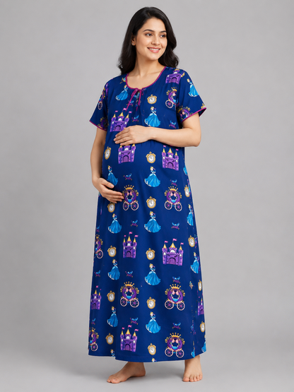 Cinderella Maternity Gown - Pure Cotton Round Neck Gown with 2 Invisible Zips for Feeding