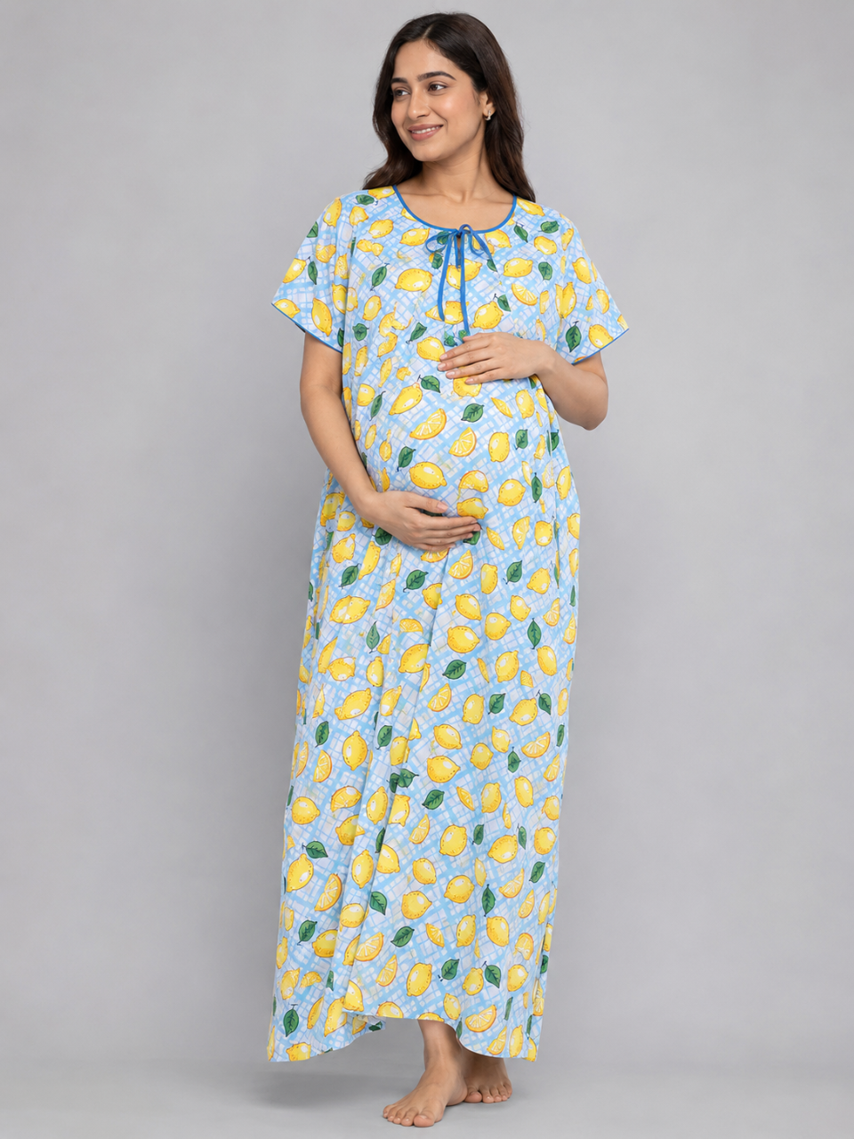 Limoncello Maternity Gown - Pure Cotton Round Neck Gown with 2 Invisible Zips for Feeding
