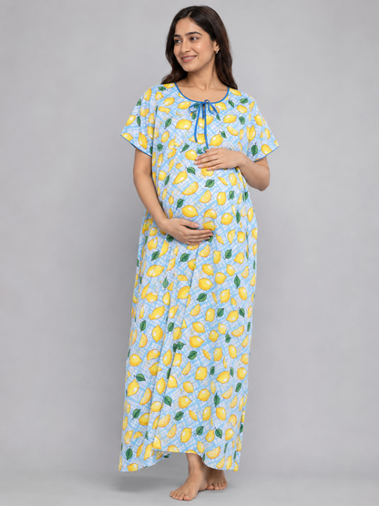 Limoncello Maternity Gown - Pure Cotton Round Neck Gown with 2 Invisible Zips for Feeding