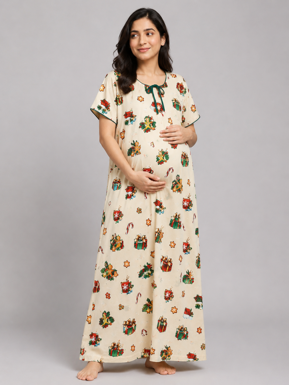 Christmas Cheers Maternity Gown - Pure Cotton Round Neck Gown with 2 Invisible Zips for Feeding
