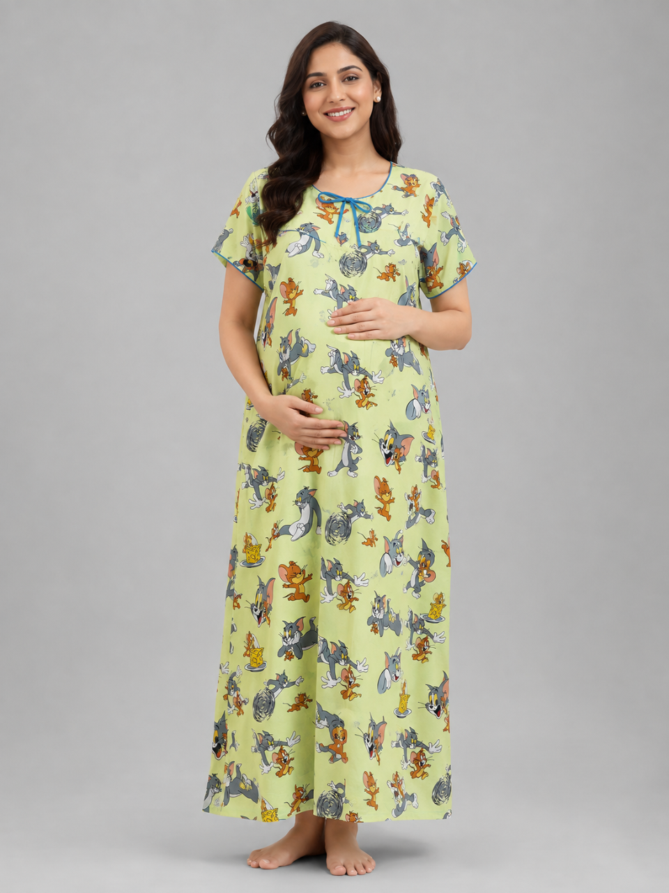 Tom &amp; Jerry Maternity Gown -Pure Cotton Round Neck Gown with 2 Invisible Zips for Feeding