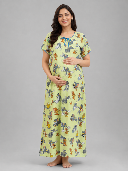 Tom &amp; Jerry Maternity Gown -Pure Cotton Round Neck Gown with 2 Invisible Zips for Feeding