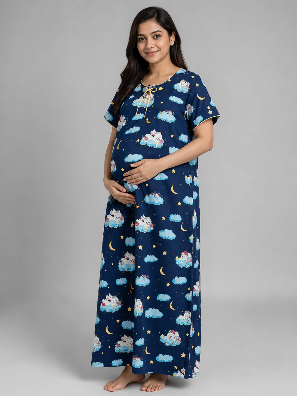 Bunny In The Cloud Maternity Gown - Pure Cotton Round Neck Gown with 2 Invisible Zips for Feeding