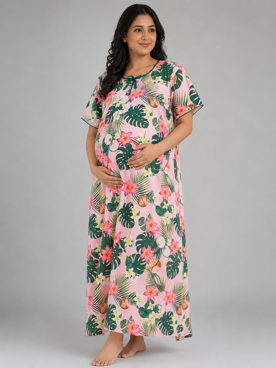 Coco Bliss Maternity Gown - Pure Cotton Round Neck Gown with 2 Invisible Zips for Feeding