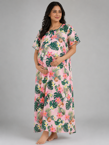Coco Bliss Maternity Gown - Pure Cotton Round Neck Gown with 2 Invisible Zips for Feeding