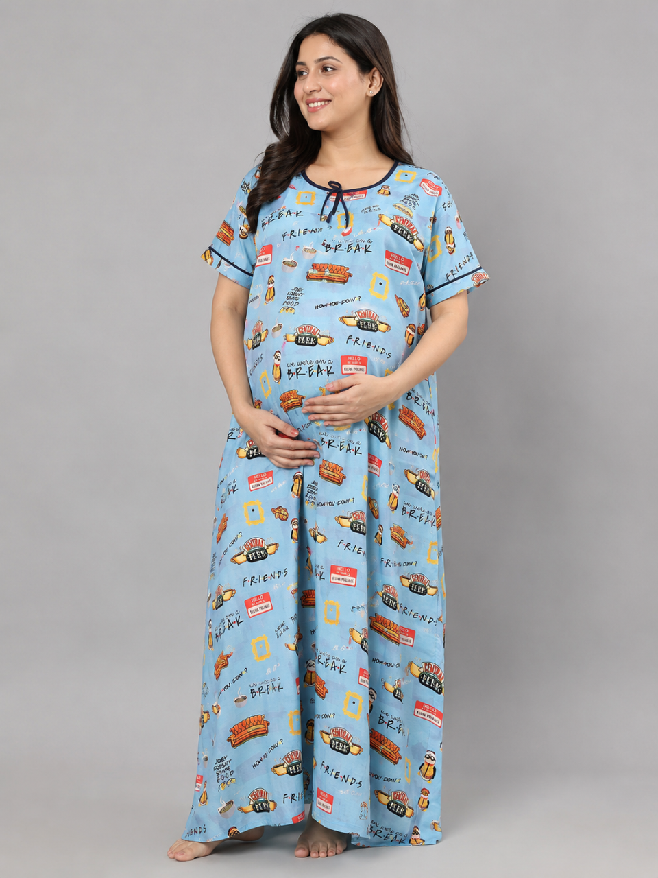 Friends Maternity Gown - Pure Cotton Round Neck Gown with 2 Invisible Zips for Feeding
