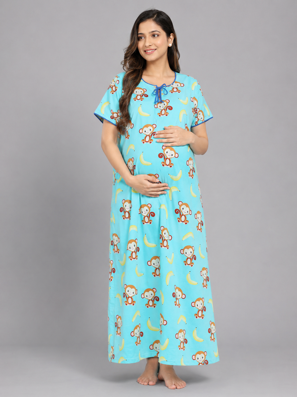 Funky Monkey Maternity Gown - Pure Cotton Round Neck Gown with 2 Invisible Zips for Feeding