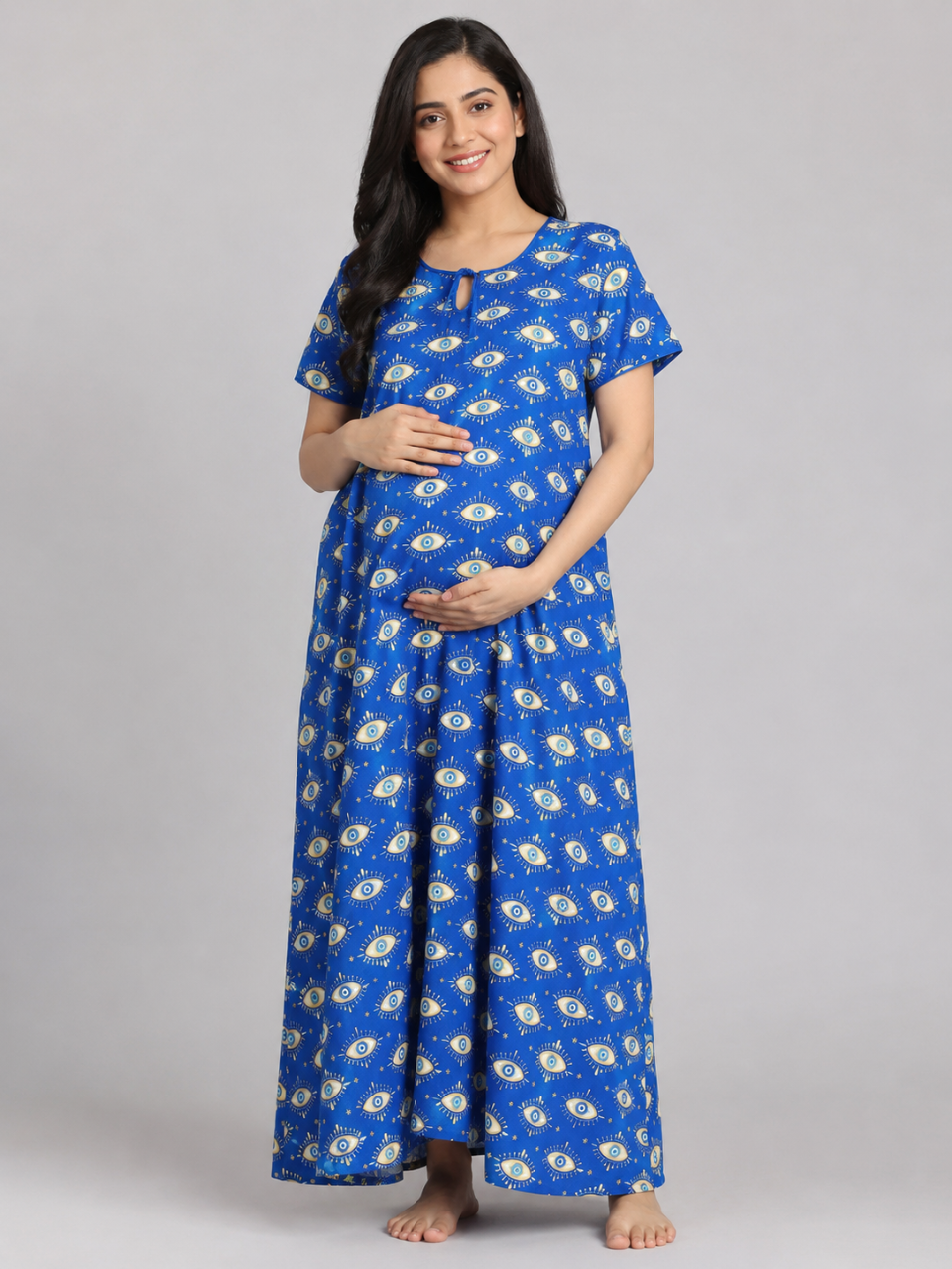Nazar Maternity Gown - Pure Cotton Round Neck Gown with 2 Invisible Zips for Feeding