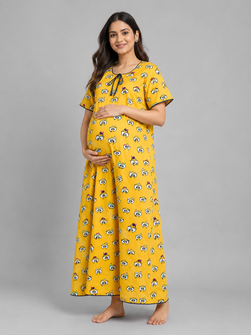 Smiley Maternity Gown -Pure Cotton Round Neck Gown with 2 Invisible Zips for Feeding
