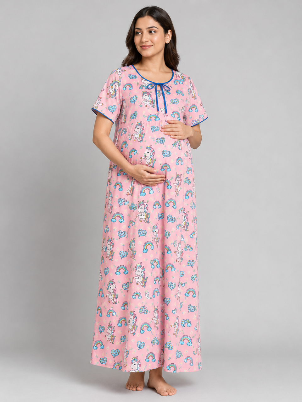 Unicorn Utopia Maternity Gown -Pure Cotton Round Neck Gown with 2 Invisible Zips for Feeding