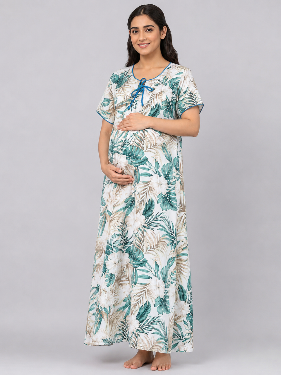 Woodland Maternity Gown -Round Neck Gown with 2 Invisible Zips for Feeding