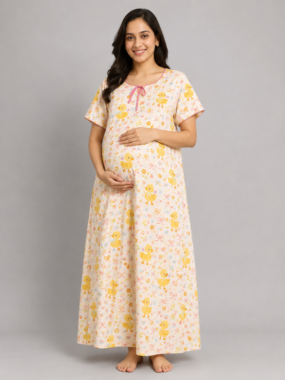 Sunny Ducklings Maternity Gown -Pure Cotton Round Neck Gown with 2 Invisible Zips for Feeding