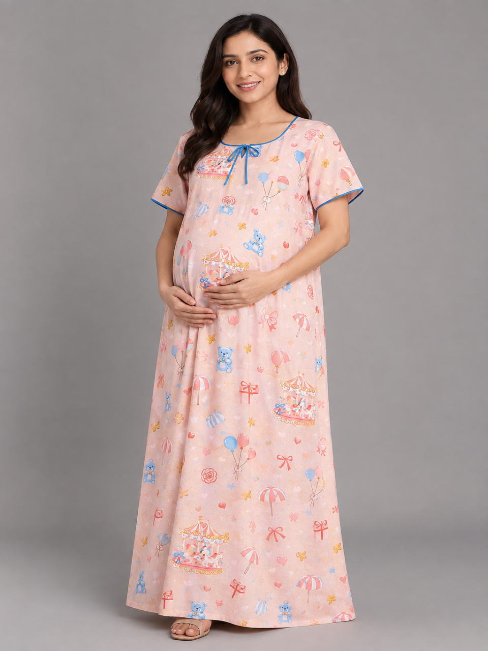 Funfair Maternity Gown -Pure Cotton Round Neck Gown with 2 Invisible Zips for Feeding