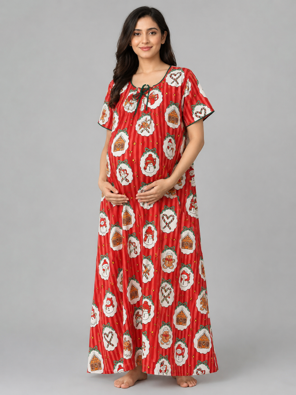 Christmas Carnival Maternity Gown -Pure Cotton Round Neck Gown with 2 Invisible Zips for Feeding