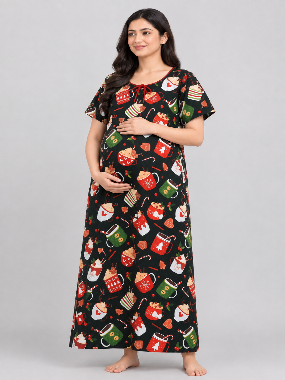 Mug Of Joy Maternity Gown - Pure Cotton Round Neck Gown with 2 Invisible Zips for Feeding
