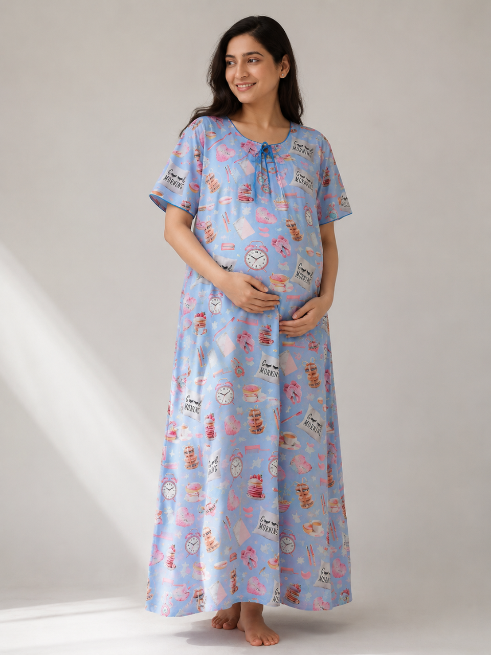 Good Morning Maternity Gown - Pure Cotton Round Neck Gown with 2 Invisible Zips for Feeding